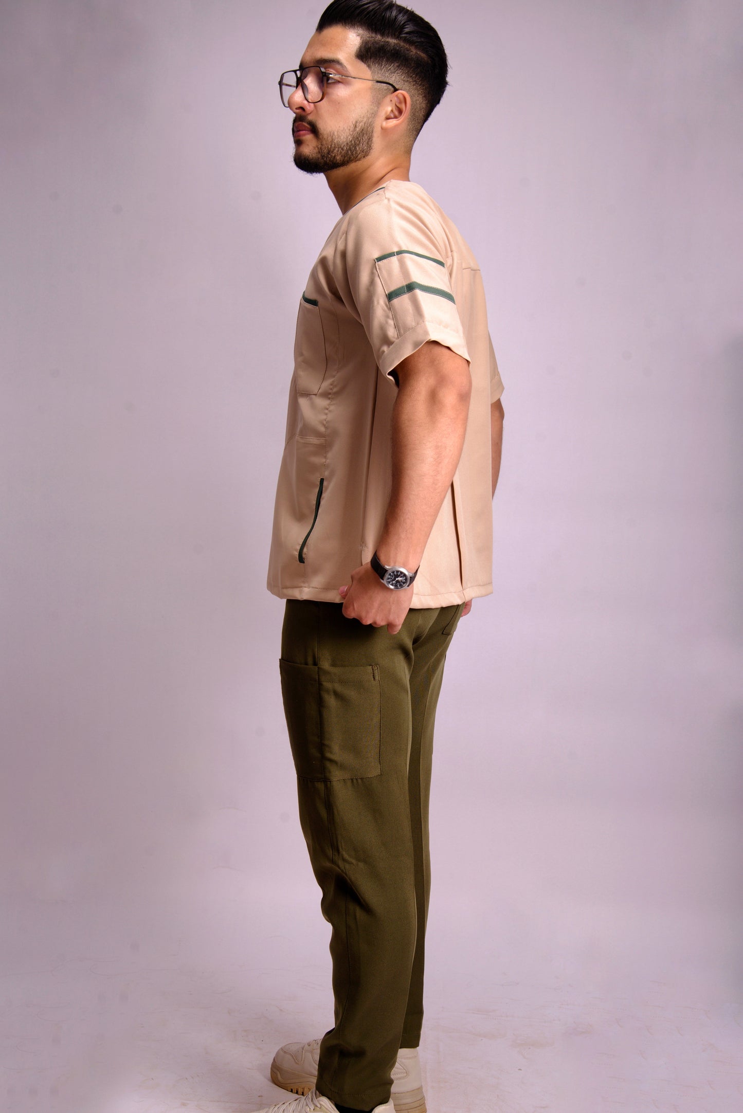 MIXED BEIGE & GREEN V-NECK SCRUB