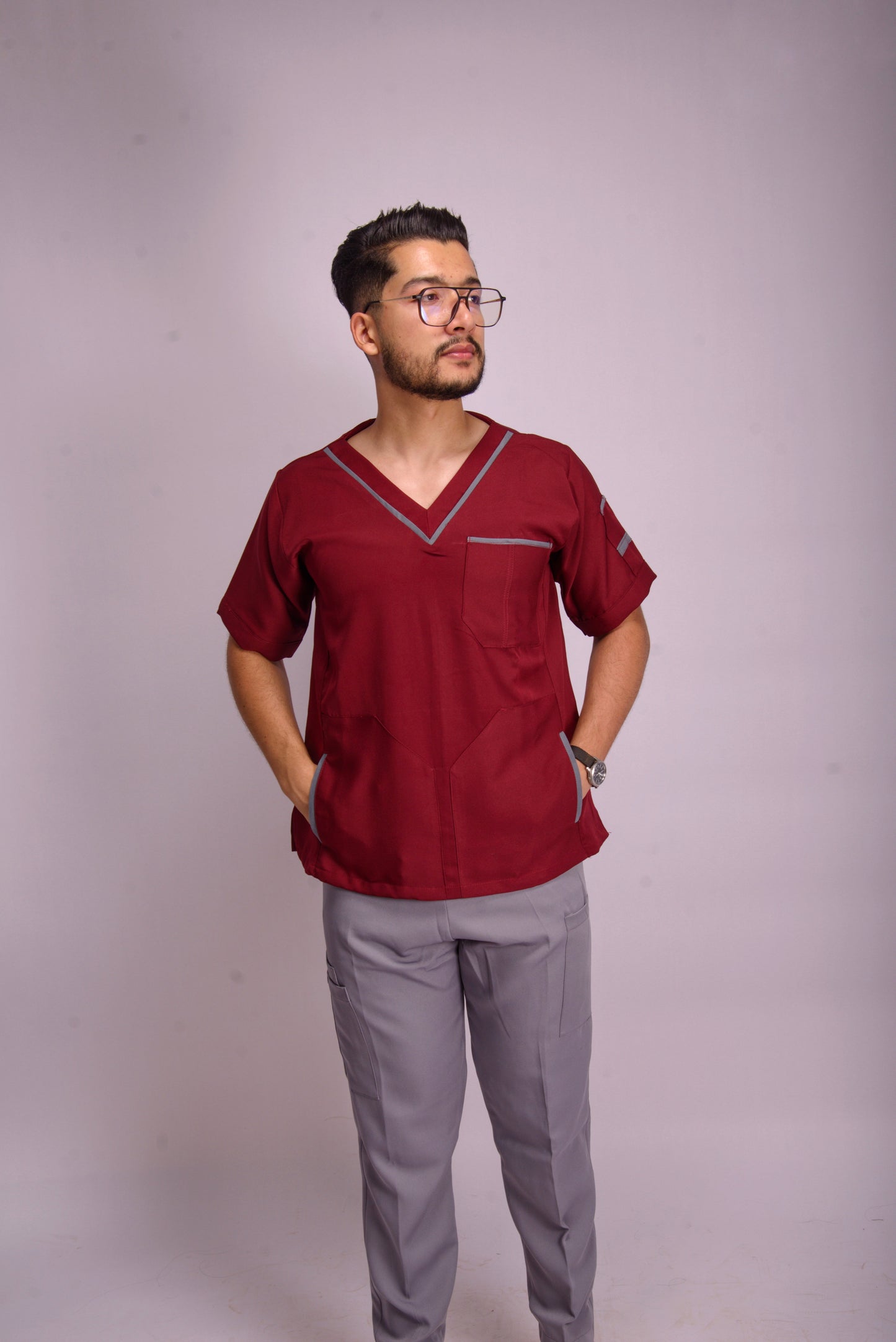 MIXED RED & GRAY V-NECK SCRUB