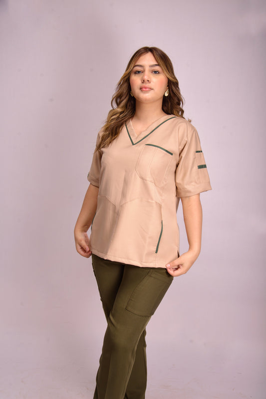 MIXED BEIGE & GREEN V-NECK SCRUB