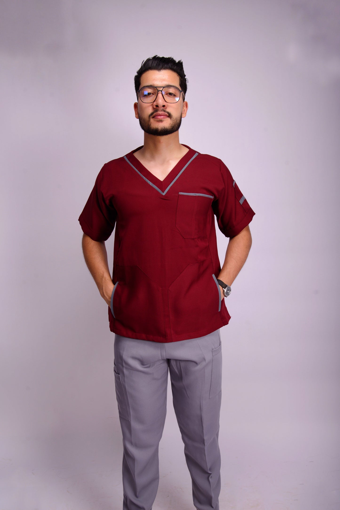 MIXED RED & GRAY V-NECK SCRUB