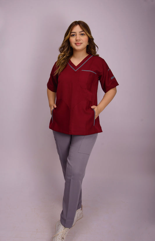 MIXED RED & GRAY V-NECK SCRUB