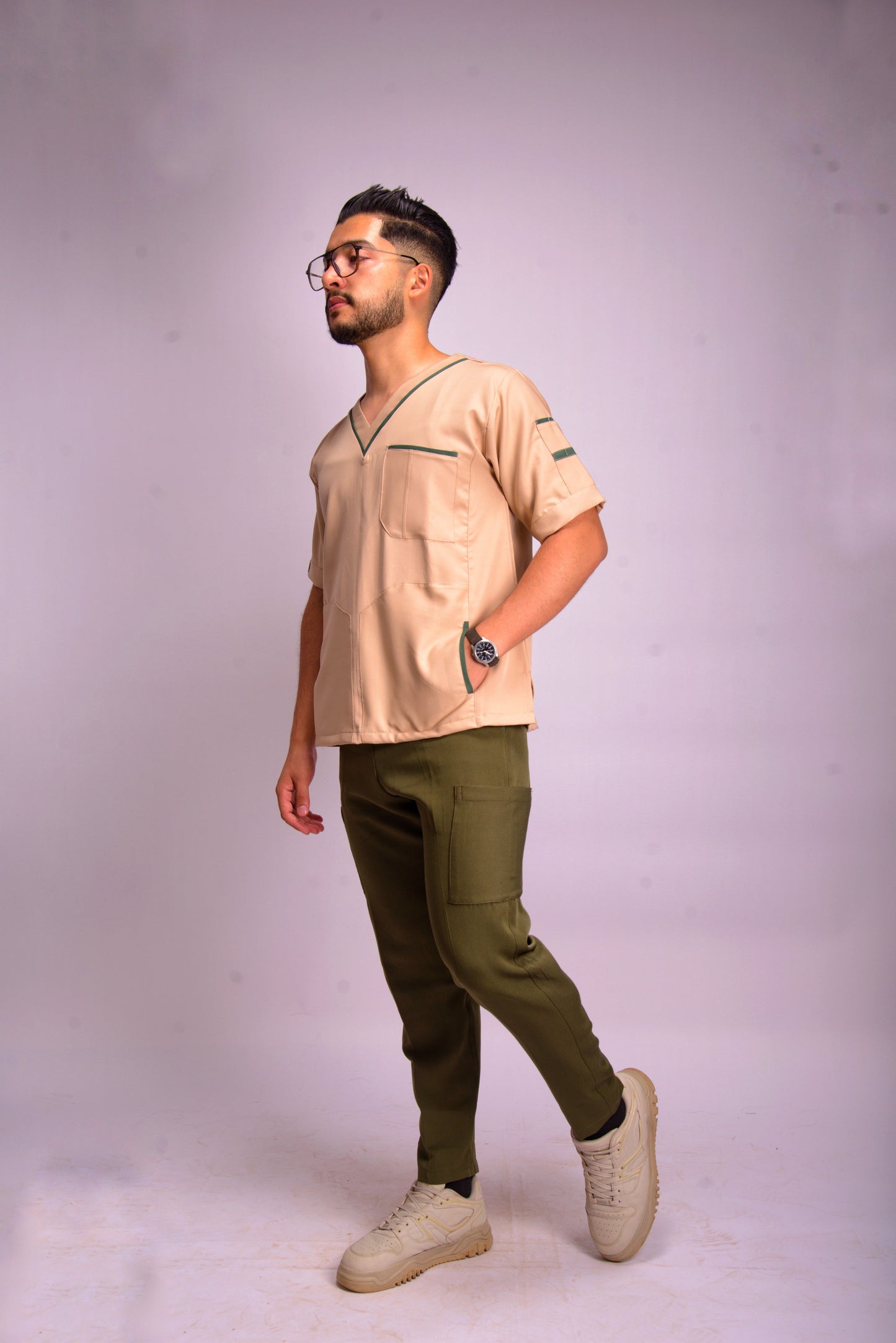 MIXED BEIGE & GREEN V-NECK SCRUB