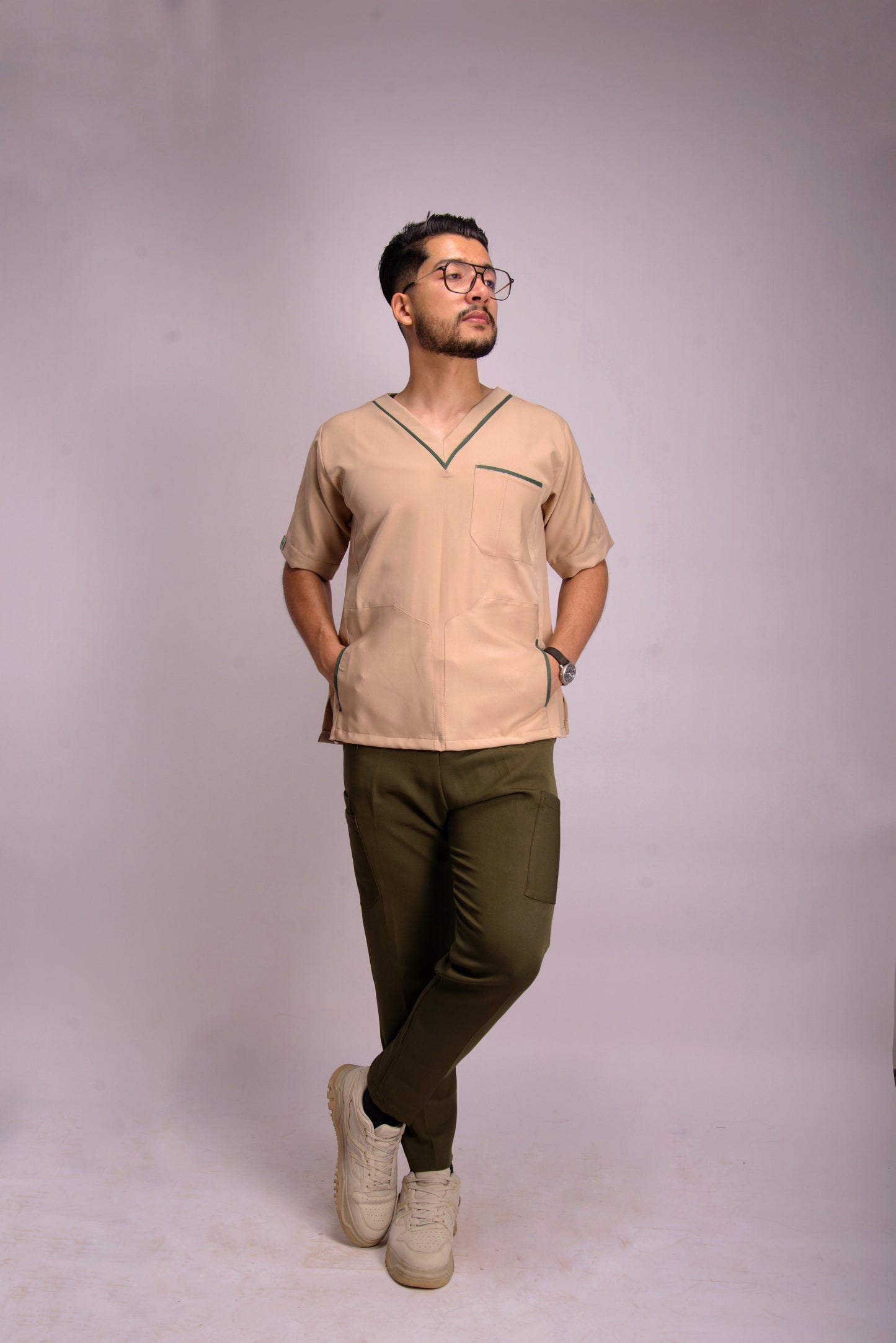 MIXED BEIGE & GREEN V-NECK SCRUB